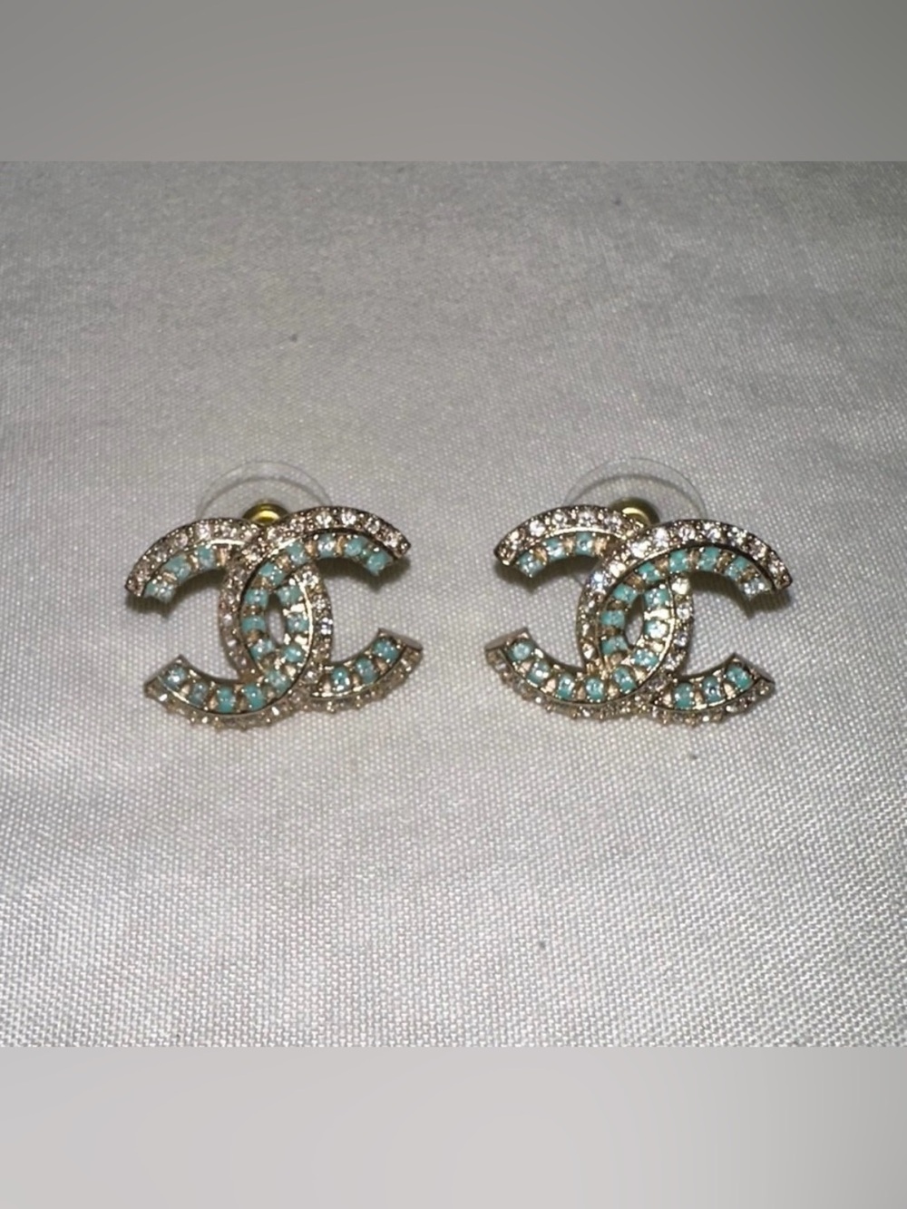 Chanel 19K Gold-tone and Green Crystal Stones CC Logo Stud Earrings